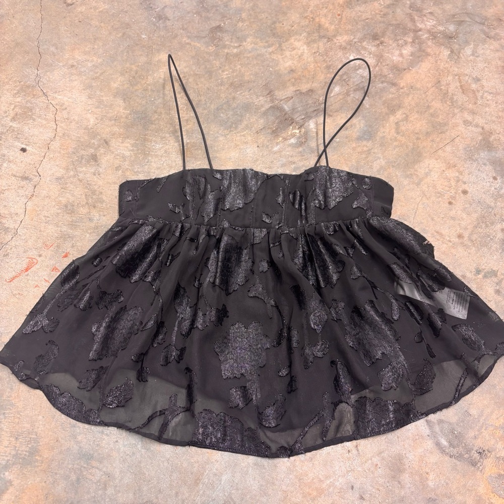 Urban Outfitters Black Floral Burnout Babydoll Cami Top Smocked Sheer Womens Med